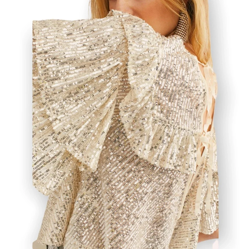 🥳HP New Free People Dance Floor XS Silver Allover Sequin Ruffle Relaxed Pullover - Picture 6 of 8
